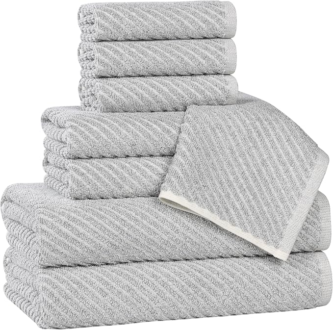 Superior Amelia Viscose Cotton Blend Medium Weight Towels, for Bathroom, Shower, Spa, Plush, Quick Dry, Ultra-Soft Towels, Bath Essentials, Ribbed Design, 8 Piece Assorted Towel Set, Platinum