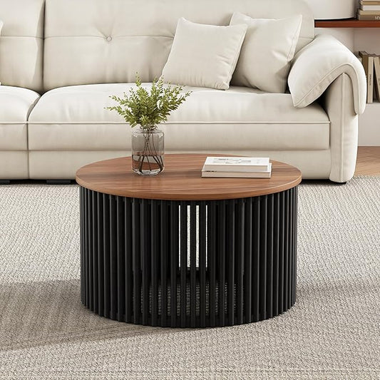 30" Acacia Wood Coffee Table with Wooden Base,Modern Industrial Accent Tables,Round Table for Indoor,Outdoor,Living Room,Lounge,Patio,Natural+Black