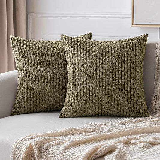 MIULEE Throw Pillow Covers Soft Corduroy Decorative Set of 2 Boho Striped Pillow Covers Pillowcases Farmhouse Home Decor for Couch Bed Sofa Living Room 18x18 Inch Olive Green