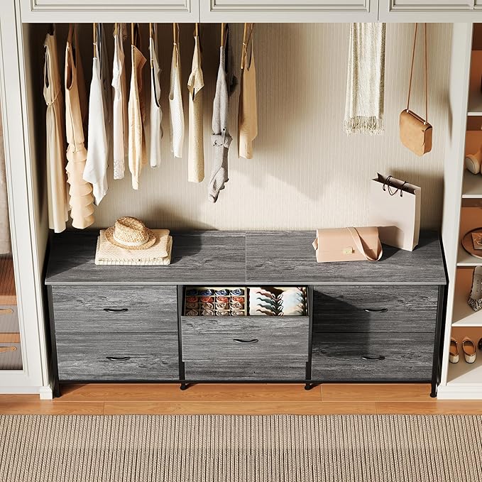 Huuger 63 Inch Long Dresser for Bedroom, Wide TV Stand for 55, 65, 70 Inch TV, 6 Drawer Dresser for Closet with Fabric Drawers, Storage Organizer for Bedroom, Entryway, Grey