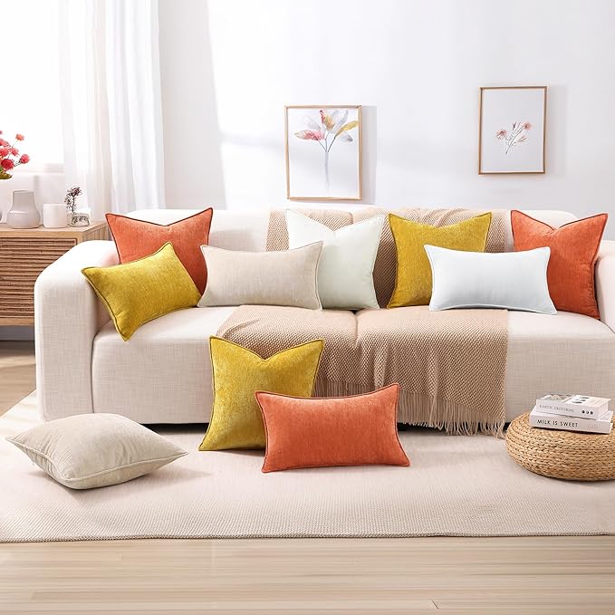 decorUhome Fall Couch Throw Pillow Covers 18x18 Set of 2, Decorative Soft Euro Neutral Chenille Pillow Covers with Elegant Design for Sofa Bed Living Room Home Decor, Rust