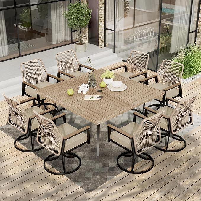 HERA'S HOUSE 9 Pieces Outdoor Dining Set, Patio Table and Chairs Set for 8, 8 x Rattan Swivel Chairs and 1 x 60 Square Dining Table, Patio Dining Set for Lawn Garden Backyard Porch