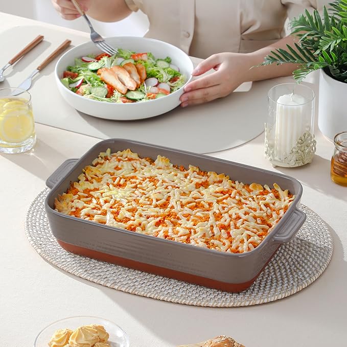 MALACASA 4.8 Qt Lasagne Dishes for Oven, 9 x 13 Inches Brown Ceramic Oven Dish with Handles, Deep Rectangular Baking Dish Casserole Dishes, Lasagna Pan Bakeware for Roasting, Series TARA