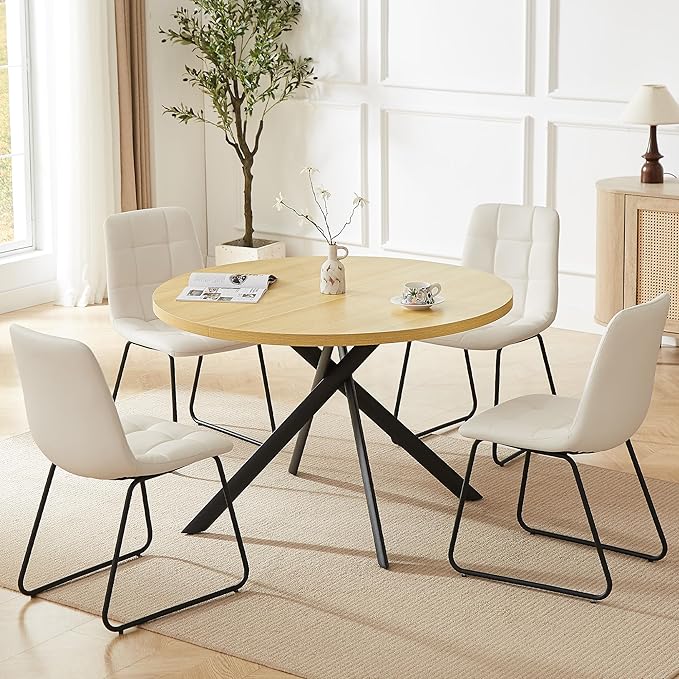 45.3 Inch Round Dining Table Set for 4, Mid Century Modern Small Coffee Set for Dining Room Kitchen Apartment (Cream Table + 4 U-Shaped White Chairs)