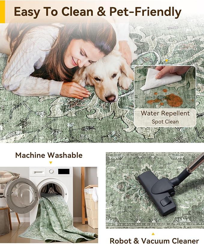 Area Rugs 6'x9' Washable Non-Slip, Floral Vintage Distress Print Pattern Medallion Carpet for Living Room Bedroom Dining Room, Dark Green Gray