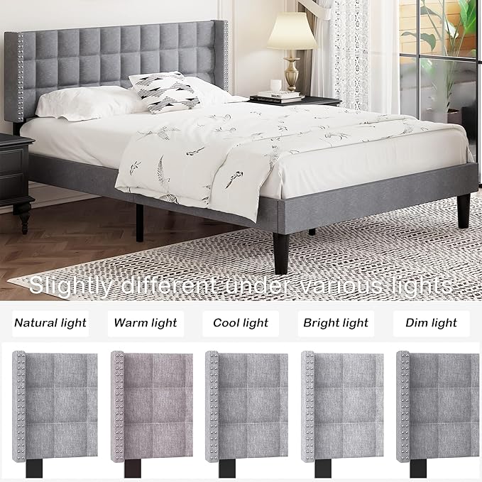 VECELO Headboard Queen Size, Linen Upholstered Headboards Only with Nailhead Trim Wingback, Square Stitched Design, Adjustable Height from 40" to 49.8", Light Grey