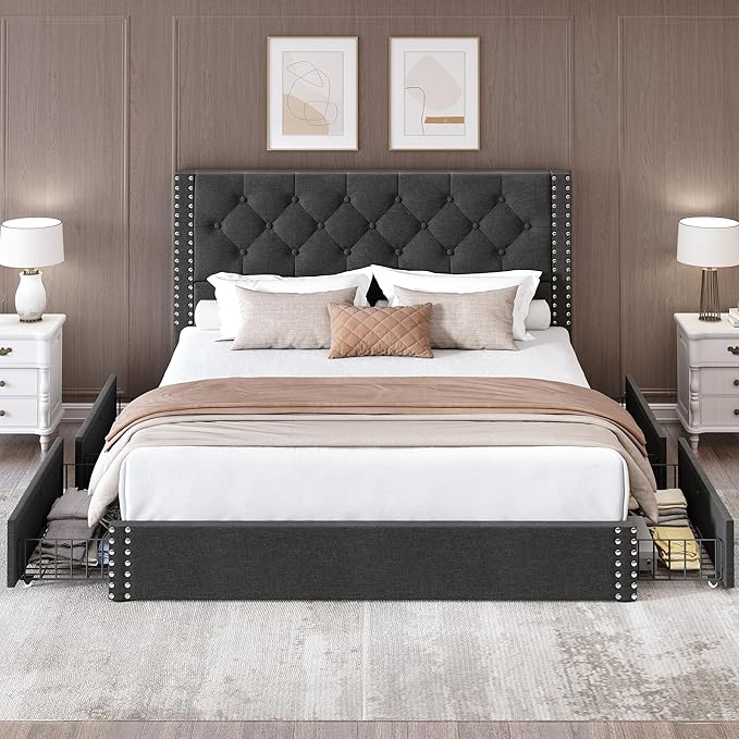 Full Size Bed Frame Upholstered Platform Bed with 4 Storage Drawers and Tufted Headboard Linen Bed Frame with Heavy Duty Wood Slats, No Box Spring Needed, Easy Assembly, Dark Grey