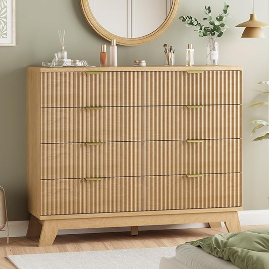Fluted Dresser for Bedroom with 8 Drawers, 48" Wide Modern Chest of Drawers with Metal Handle, Wooden Dresser TV Stand, Wood Closet Clothes Storage Organizer for Living Room, Hallway, Natural Oak