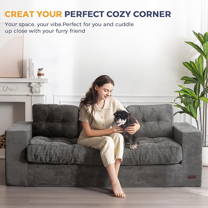 MAXYOYO 3 Seater Couch for Living Room, Boneless Couch with Tufted Cushion & Backrest, Upholstered Floor Sofa with Armrests, Sofa in A Box, No Assembly Required, Dark Grey