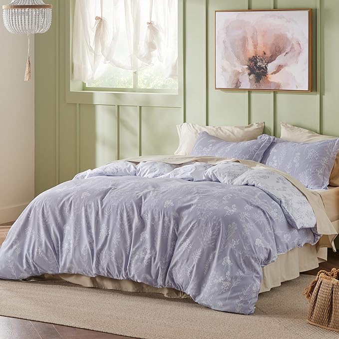 Bedsure King Comforter Set - Lavender Bed Set, 3 Pieces Cute Floral Bedding, 1 Soft Reversible Botanical Flowers Comforter and 2 Pillow Shams