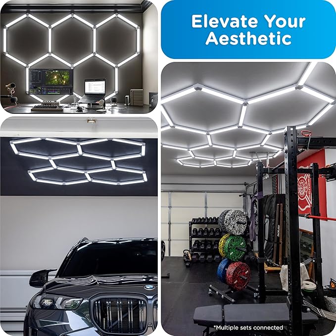 Enbrighten Ultrabrite Hexagon Garage Lights, 24 Pack, 5 Hex, 24,000lm, Dimmable with Remote, LED Ceiling Light for Car Detailing, Shop Lighting, Gym Decor, Man Cave, ETL Safety Certified, 85837