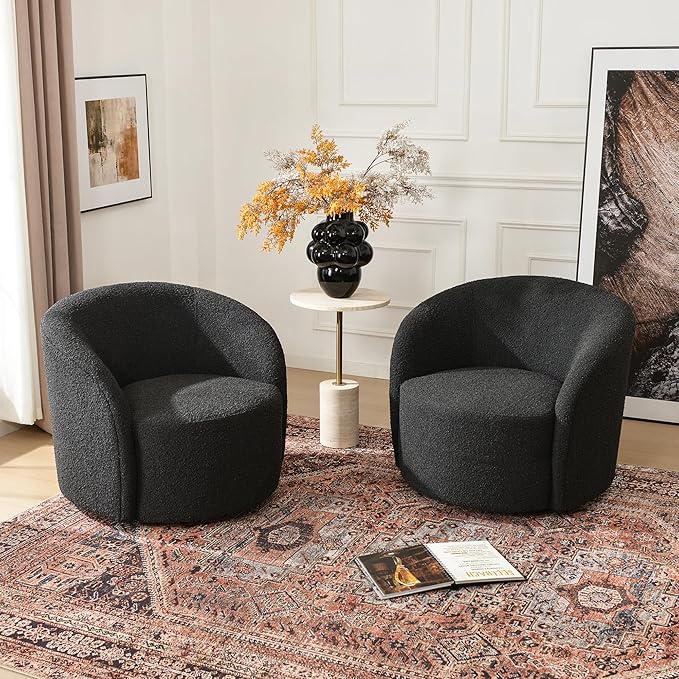 KINWELL 34" W Swivel Barrel Chair Set of 2, Mid Century Modern Round Upholstered Boucle Swivel Accent Chairs, No Assembly Sofa Chair for Living Room Bedroom Reading, Black