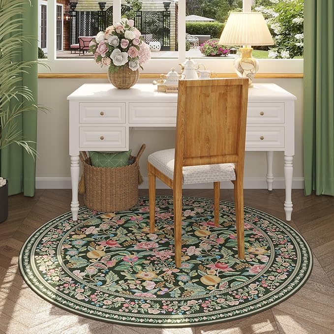 Round Rug 4ft Washable Circle Rug Non Slip Low Pile Vintage Floral Small Circular Rug for Bedroom, Bathroom, Entryway, Kids Room, Office, Green