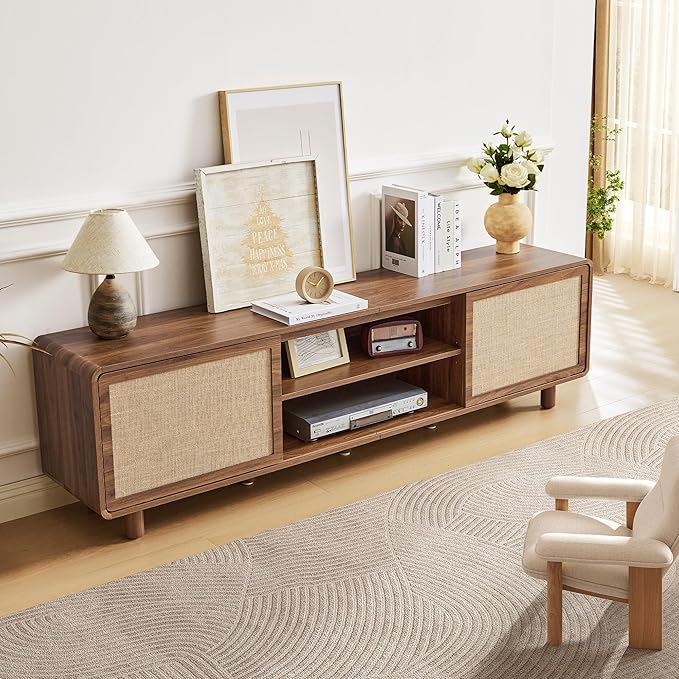 AVZEAR 70'' Mid Century Modern TV Stand for TVs up to 80 Inch, Large Entertainment Center with Storage & Nature Linen Door, Curved Edge TV Console Table Media Console for Living Room Bedroom (Walnut)