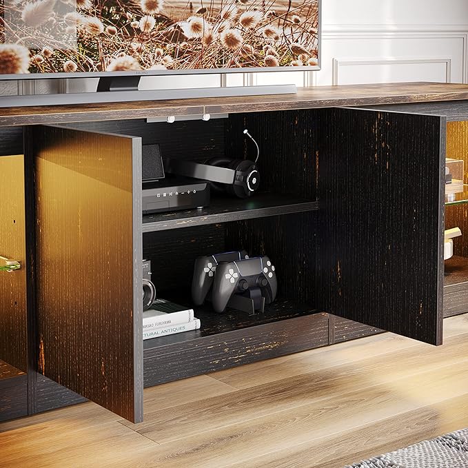 Bestier 70 Inch Led TV Stand for 75 Inch TV Large Entertainment Center Gaming with Adjustable Glass Shelves Two Cabinets Modern TV Console for Living Room 22 RGB Modes, Golden Black