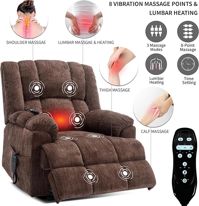 Luxlen Power Lift Recliner Chair for Elderly, Heat Massage Recliners, Dual Motor Oversized Lift Chair, Medium-Firm Electric Lift Recliners with Remote - Dark Brown