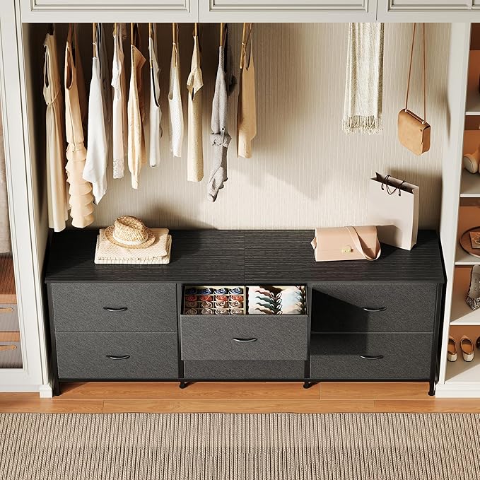 Huuger 63 Inch Long Dresser for Bedroom, Wide TV Stand for 55, 65, 70 Inch TV, 6 Drawer Dresser for Closet with Fabric Drawers, Storage Organizer for Bedroom, Entryway, Black