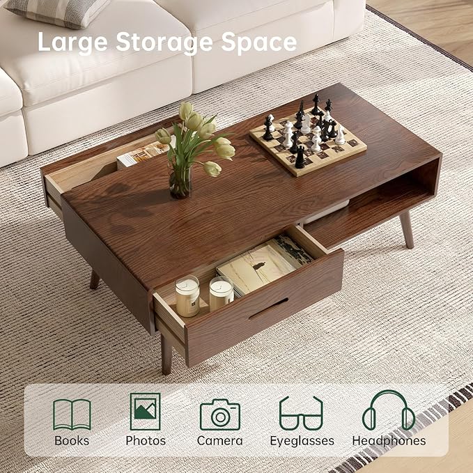 100% Solid Wood Coffee Table with Storage, Mid Century Modern Coffee Tables for Living Room, 39.37" W Coffee Table with 2 Drawers for Home (Oak Walnut Colour)