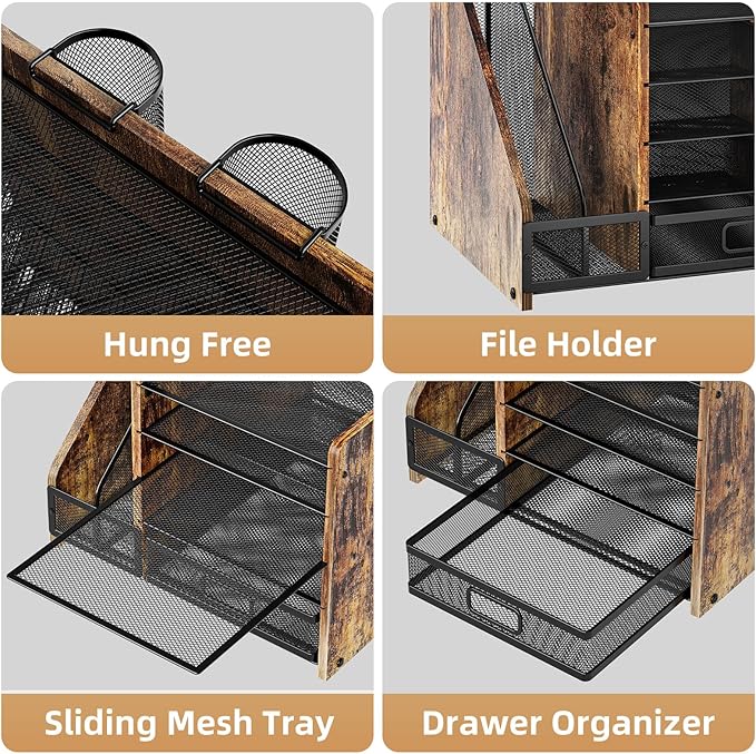Marbrasse Desk Organizer with File Holder, 5-Tier Paper Letter Tray Organizer with Drawer and 2 Pen Holder, Mesh Desktop Organizer and Storage with Magazine Holder for Office Supplies (Wood-Brown)