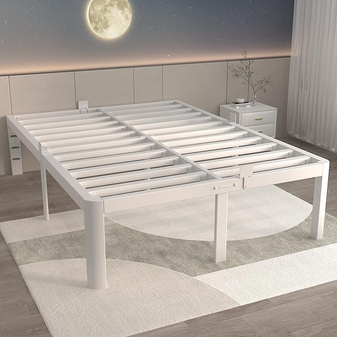 ITIMIDI 16 Inch White Bed Frame Queen, Queen Size Metal Platform Bed Frames with Round Corner Legs, Heavy Duty Steel Support 3500 LBS, Storage Space, No Box Spring Needed, Noise Free, Easy Assembly