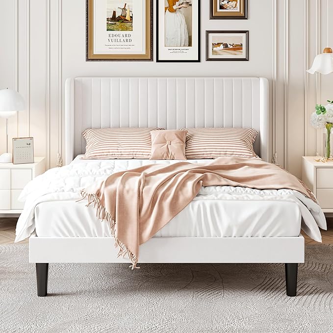 SHA CERLIN Full Size Velvet Bed Frame with Vertical Channel Tufted Wingback Headboard, Upholstered Platform Bed with Wood Slats, No Box Spring Needed, Easy Assembly, White
