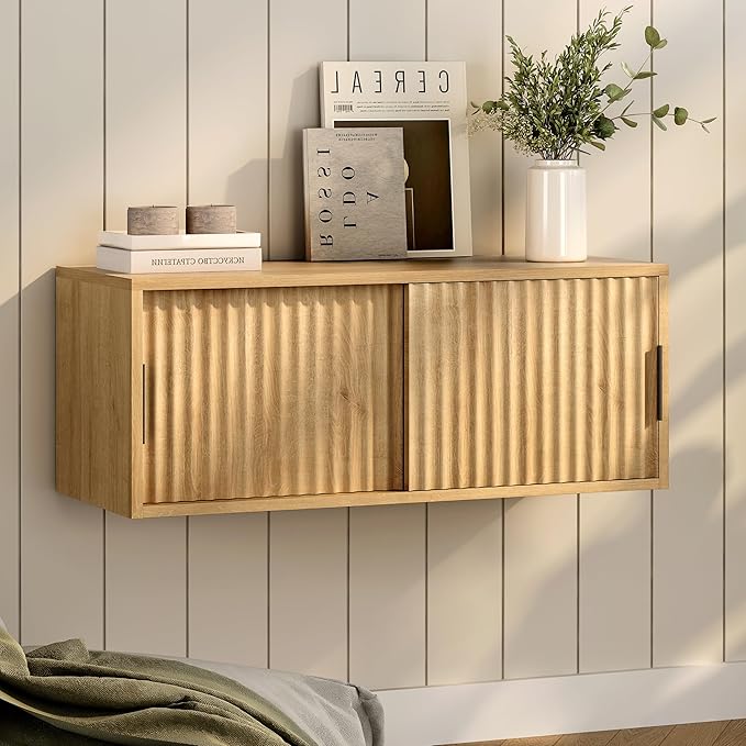 Fluted Floating TV Stand, 30" Multi-Purpose Modern TV Display Shelf Console Entertainment Center Cabinet with Sliding Doors for Bedroom Living Room Entryway, Natural Oak