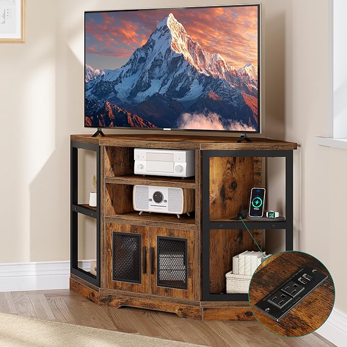YITAHOME Corner TV Stand for TVs up to 55 Inch with Power Outlet, Modern Farmhouse Entertainment Center, Wood TV Media Console with Storage Cabinets Shelves for Living Room, Retro Brown