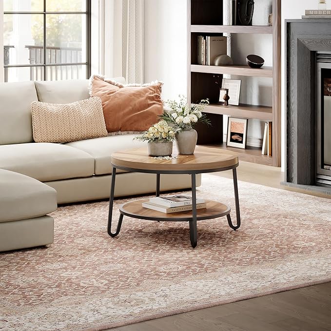 32" Round Coffee Table, Circle Coffee Table for Living Room with 2-Tier Storage Shelves, Design Accent Center Table with Wood Grain Desktop, Easy to Assemble