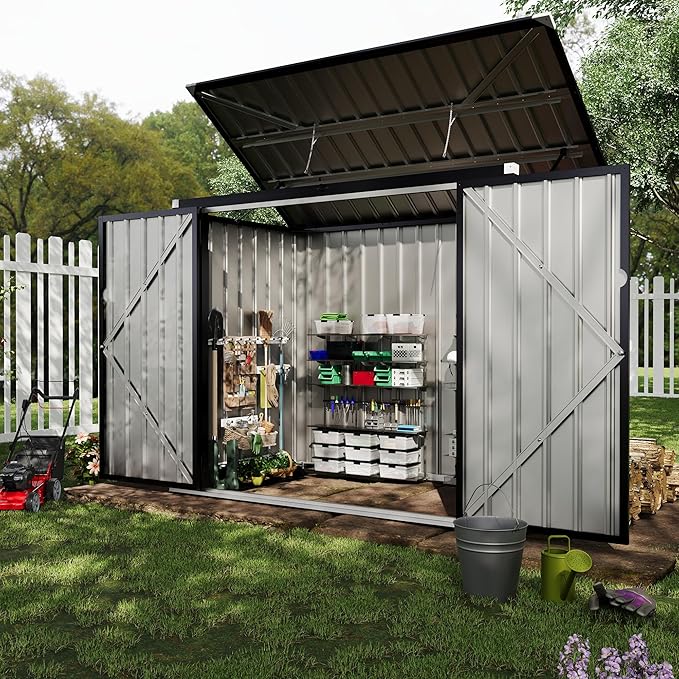 Outdoor Trash Can Storage 2 Binsgarbage Bin Storage Shed, 3x6 FT Garbage Bin Storage Shed with Chain Lid, Metal Outdoor Storage for Garden, Backyard, Lawn and Patio