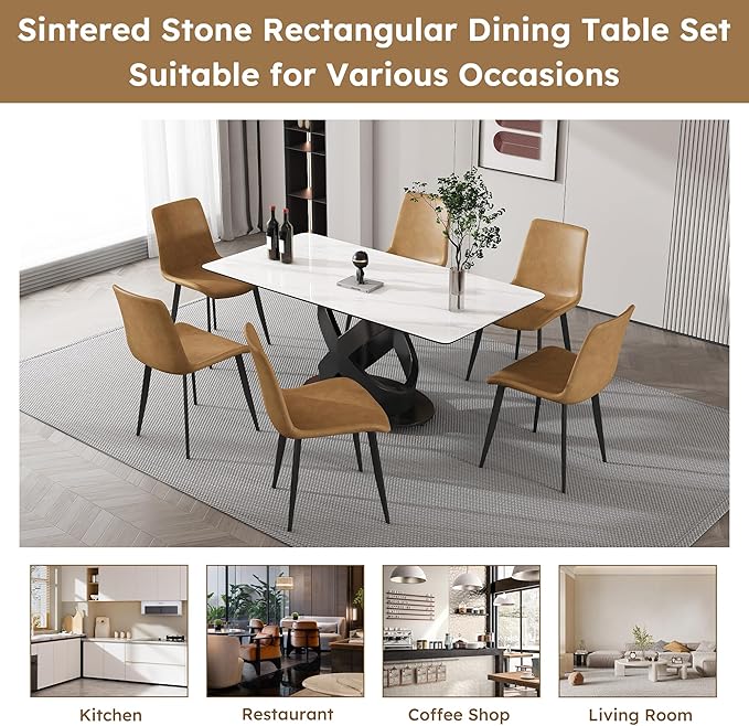 71" Modern Marble Dining Table with 4 Chairs, Sintered Stone Top for Kitchen, Dining Room, Dinette, Space Saving Design