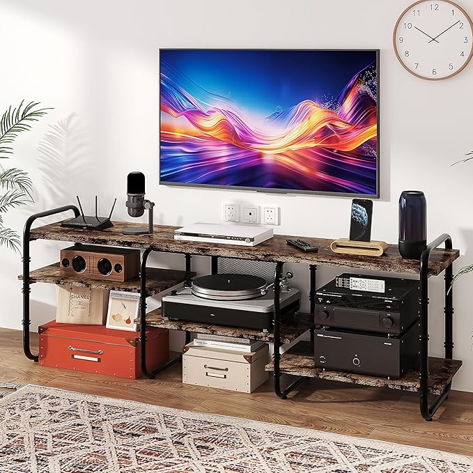 VECELO TV Stands up to 75 Inch,Entertainment Center/Media Console Table with Adjustable Storage Shelves for Living Room/Bedroom