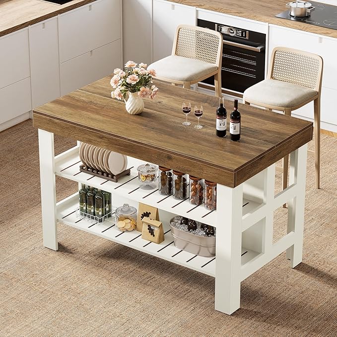 Tribesigns Kitchen Island with Seating and Storage Shelves, 55.1-Inch Breakfast Counter Farmhouse Island Table for Kitchen Dining Room