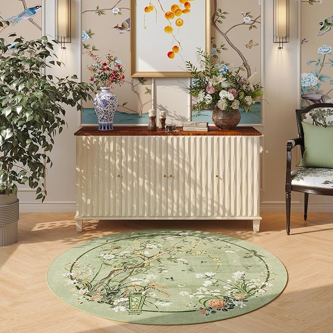 Circle Rug 4ft Chinoiserie-Style Floral Vintage Washable Round Rug Non Slip Low Pile Small Circular Rug for Bedroom, Bathroom, Entryway, Kids Room, Office, Green