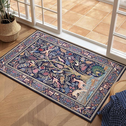 Indoor Door Mat 2x3 Rug Vibrant Tree of Life-Patterned Vintage Machine Washable Small Area Rug Non-Slip Low Pile Throw Rugs for Entryway Kitchen Front Door Entrance Entry Kids Room, Blue