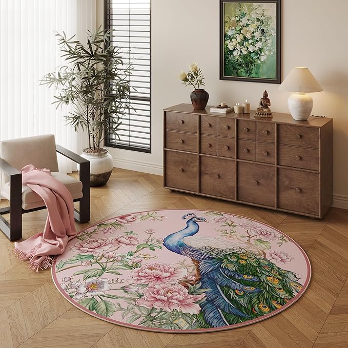 Round Rug 4ft Washable Circle Rug Non Slip Low Pile Floral Peacock Animal Small Circular Rug for Bedroom, Bathroom, Entryway, Kids Room, Office, College Dorm (Pink)