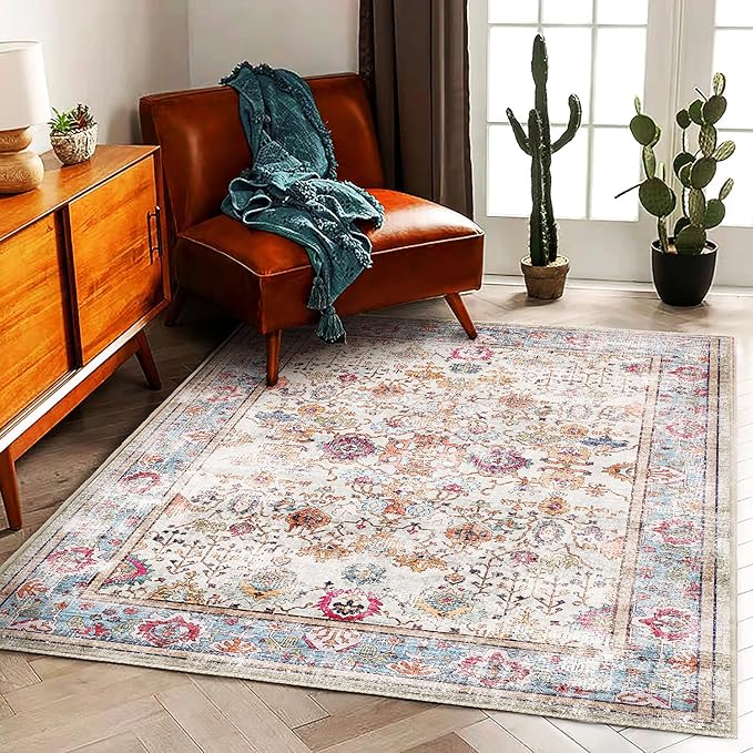 Washable Area Rug Vintage 6'x9' Light Traditional Floor Cover Thin Rug Retro Kitchen Indoor Distressed Non Slip Carpet Floral Print Mat Living Room Bedroom Dining Room
