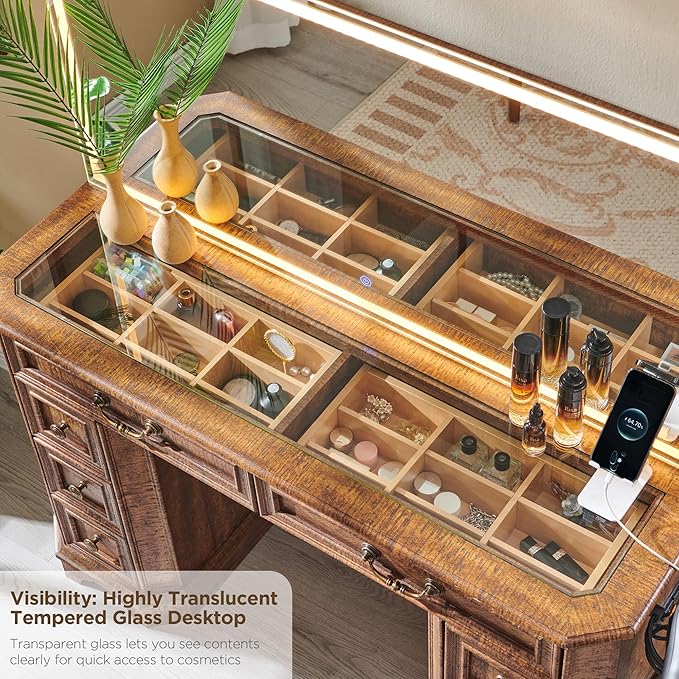 T4TREAM Makeup Vanity Desk with 48" HD Lighted Mirror, Farmhouse Vanity Desk with 8 Drawers, Vanity Table with 3 Color Modes, Dressing Table with Glass Top and Power for Bedroom(Reclaimed Barnwood)
