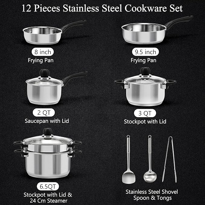 Stainless Steel Cookware Set, 12-Piece Pots and Pans Set, Induction Kitchen Cookware Set with Stay-Cool Handles, Non-Toxic, Dishwasher Safe & Suitable for All Cooktops, Black