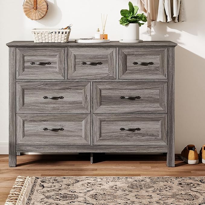 LINSY HOME Farmhouse 7 Drawers Dresser for Bedroom, Wood Chest of Drawers with Metal Handle, Wide Dresser Organizers for Bedroom, Nursery, Closet, Grey