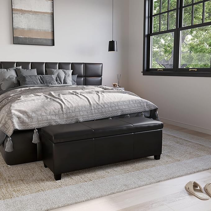 BELLEZE Storage Faux Leather Ottoman, 47 Inch Bench Bedroom Bench with Safety Close Hinge, Extra Long Ottoman with Storage for Living Room, Entryway, Hallway, Foot Rest, Support 300lbs - Black
