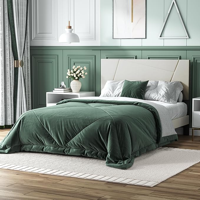 Full Size Bed Frame, Full Platform Bed Frame with Velvet Upholstered Headboard, Geometric, Sturdy Frame and Wooden Slats, Noiseless, No Box Spring Required, Easy to Assemble，Beige