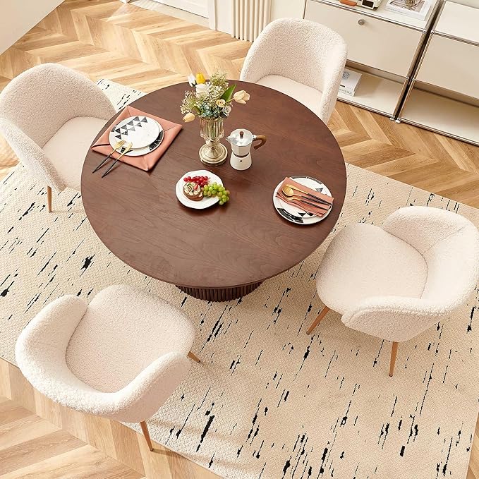 5 Piece 47-inch Round Dining Table Set for 4, Rustic Walnut Dinner Table with Upholstered Sherpa Dining Room Chairs Set, Engineered Wood Kitchen Table with Wood Strips Base