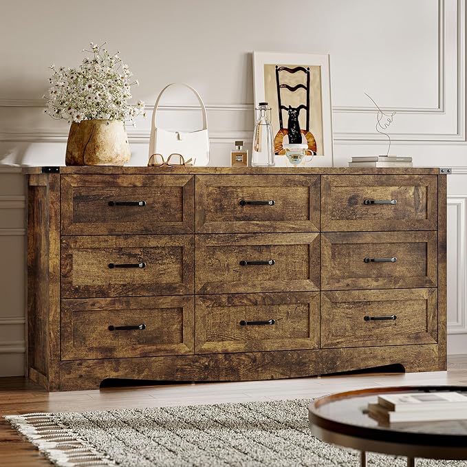 9-Drawer Dresser for Bedroom, Modern Wooden Chest of Drawers with Metal Handles, Anti-Tipping Design, Sturdy and Stable Storage Organizer for Living Room, Entryway, Home Office