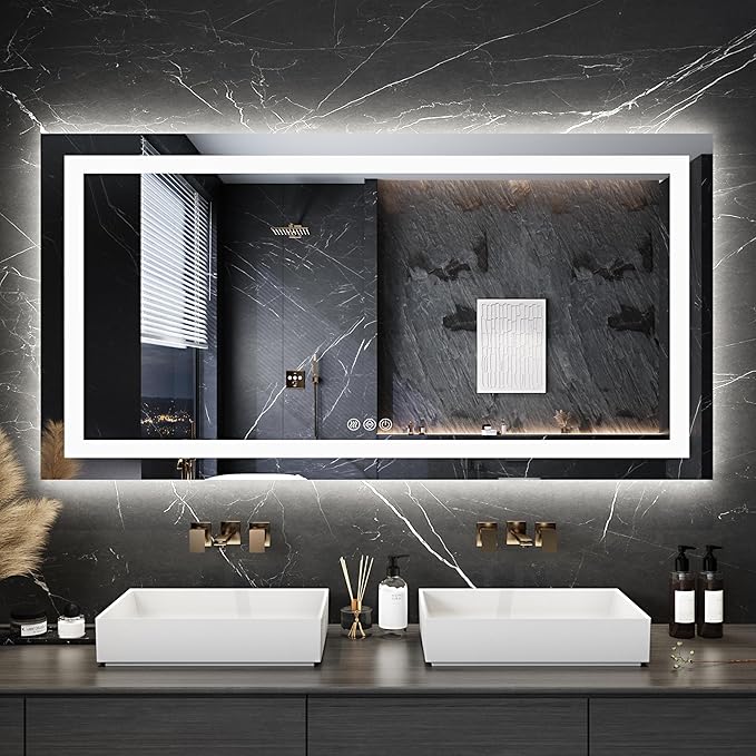 Antok 30"x 55" LED Bathroom Mirror with Lights, Anti-Fog, Dimmable, Lighted Vanity Mirror with Tempered Glass, Memory Function, 3 Light Modes, Safe Use, Horizontal, Vertical