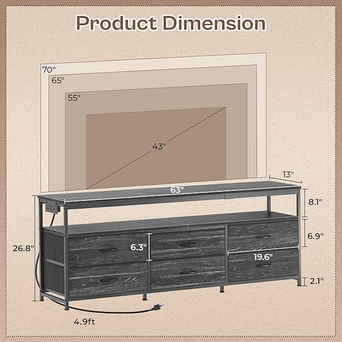 Huuger 63 Inch TV Stand for 55, 65, 70 Inch TV, Long Dresser TV Stand for Bedroom, Charcoal Black LED TV Stand with Power Outlets, Fabric Dresser with Storage, Entertainment Center for Living Room