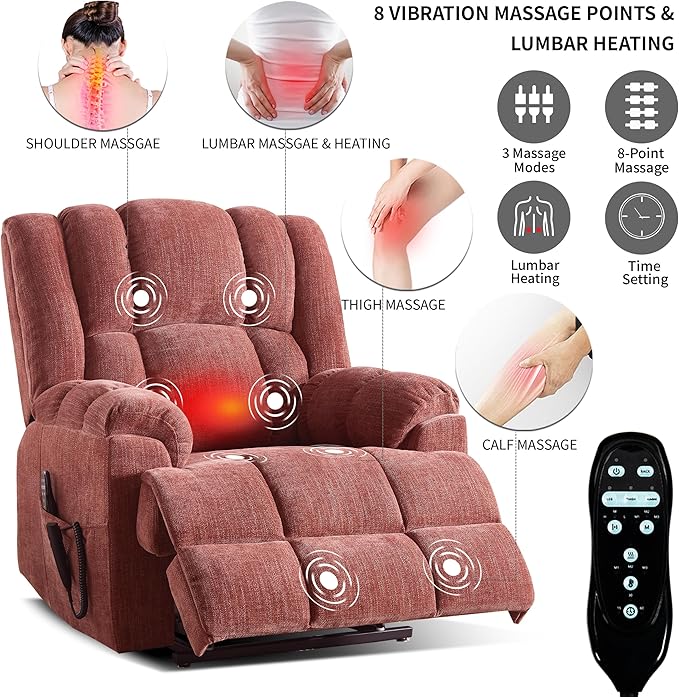 Luxlen Power Lift Recliner Chair for Elderly, Heat Massage Recliners, Dual Motor Oversized Lift Chair, Medium-Firm Electric Lift Recliners with Remote - Red