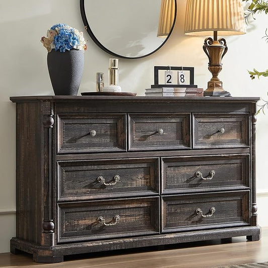 Yechen Rustic 7-Drawer Solid Wood Dresser for Bedroom & Living Room – Vintage Storage Cabinet with Decorative Hardware, Sturdy Construction & Versatile Organizing Solutions (Dark Rustic Oak)