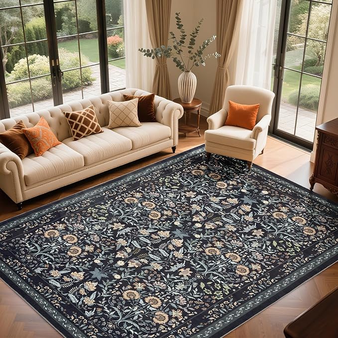 Area Rug Kitchen Rugs, 3X5 Small Washable Rug Floral Modern Kitchen Mats for Floor, Soft Door Mat Indoor Entrance Ultra-Thin, Non-Slip Stain Resistantg Rugs for Entryway, Kitchen, Kids Room, Black