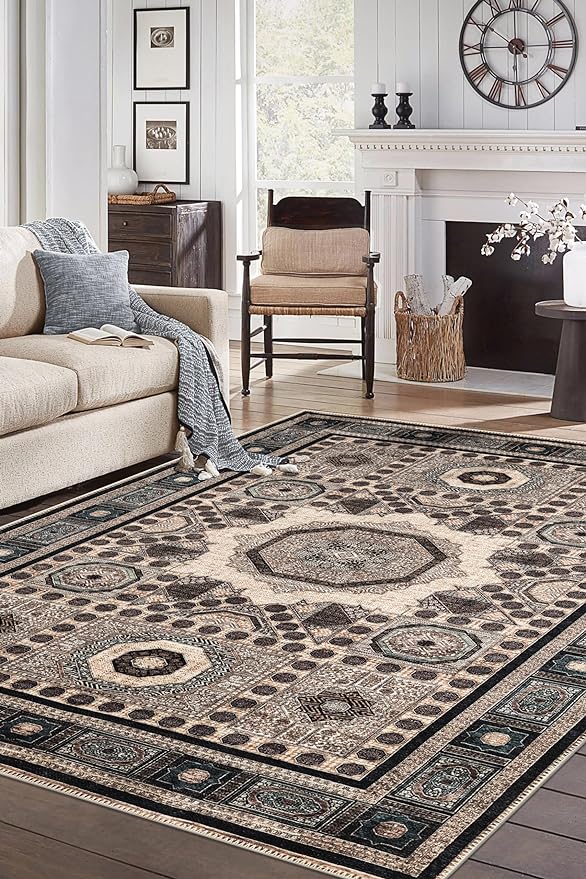 Keen Home Design 8x10 Rug - Machine Washable Area Rug with Non-Slip Backing, Ideal for Living Room, Dining Room, Bedroom - Vintage, Easy Clean, Durable, Low Pile Rug - (8' x 10')