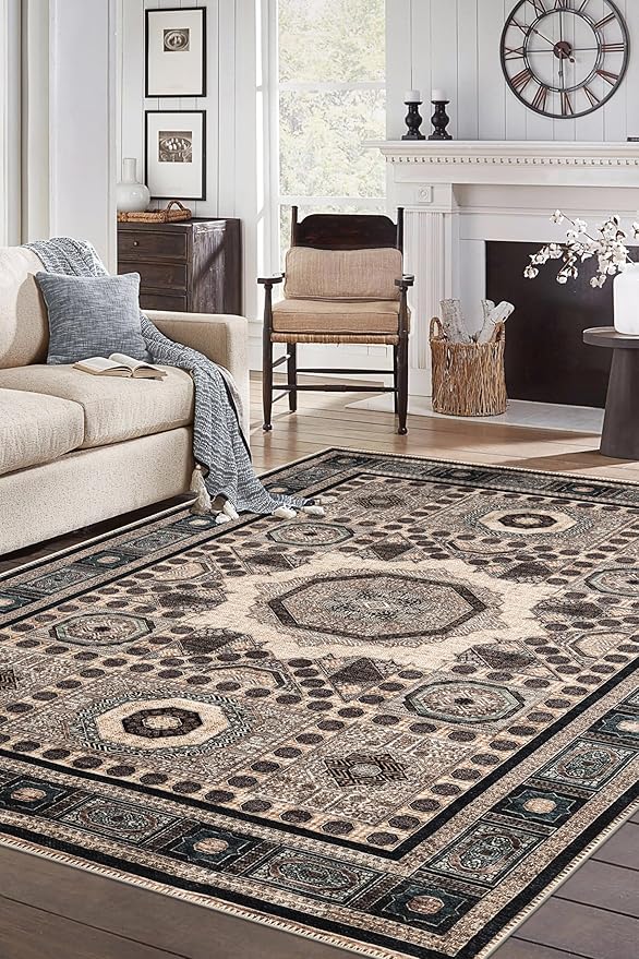 Keen Home Design 6x9 Rug - Machine Washable Area Rug with Non-Slip Backing, Ideal for Living Room, Dining Room, Bedroom - Vintage, Easy Clean, Durable, Low Pile Rug - (6' x 9')